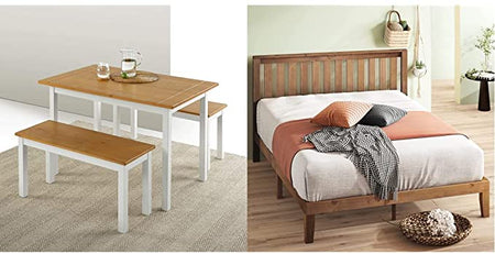 Zinus Becky Farmhouse Dining Table with Two Benches / 3 Piece Set & Alexia Wood Platform Bed Frame with headboard/Solid Wood Foundation, Rustic Pine, Queen