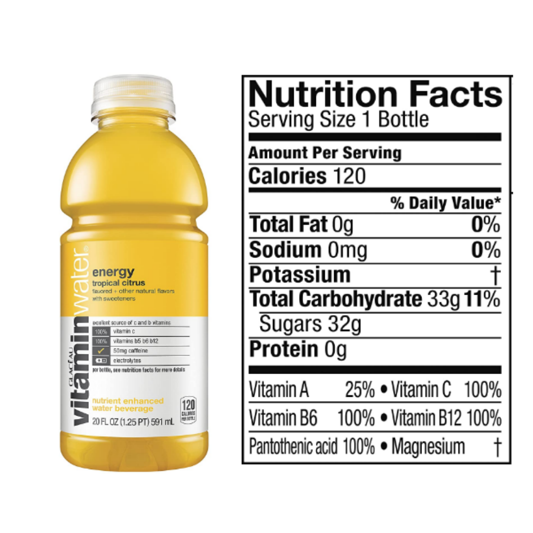 Vitaminwater Energy, Tropical Citrus Flavored, Electrolyte Enhanced Bottled Water, 20 Ounce - Pack of 24