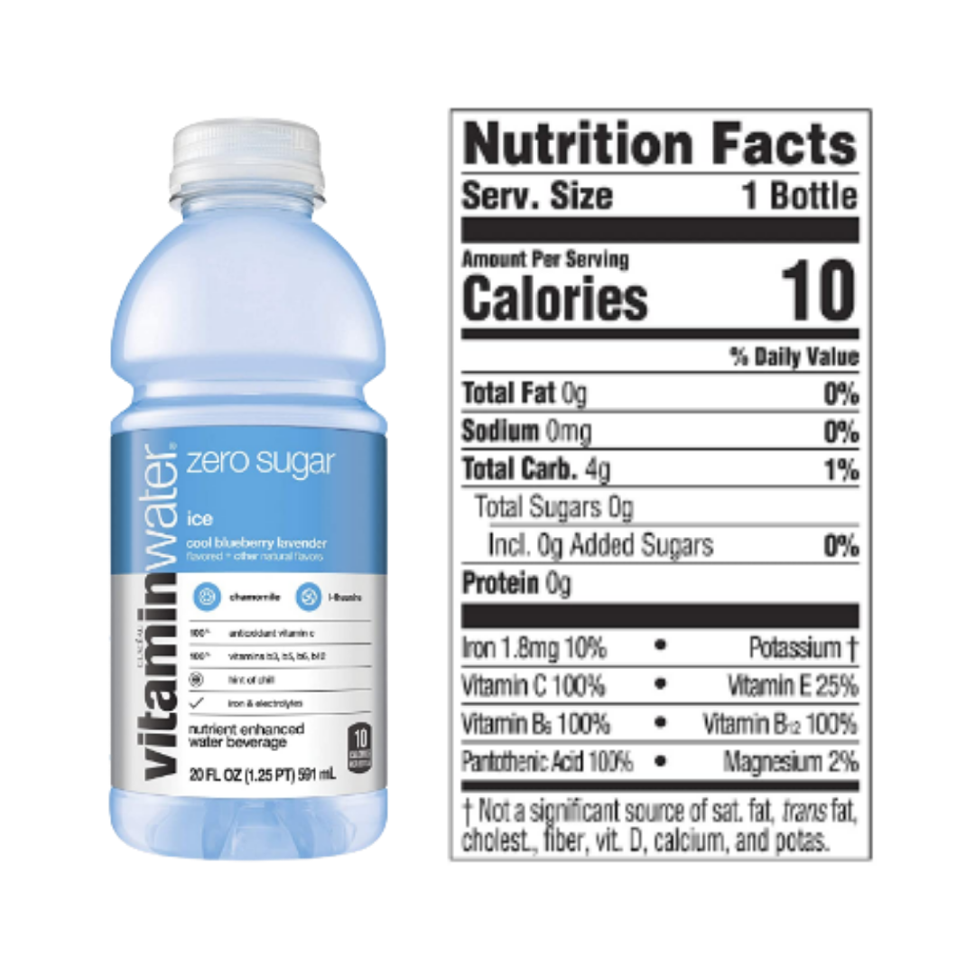 Vitaminwater Zero Sugar Ice, Ice Cool Blueberry-Lavender Flavored, Electrolyte Enhanced Bottled Water, 20 Ounce - Pack of 12
