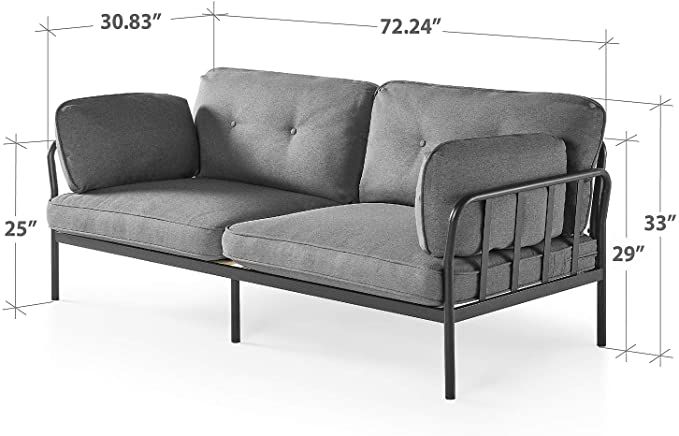 ZINUS Courtney Black Metal Sofa / Steel Framework with Upholstered Cushions / Easy Assembly