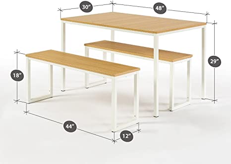 Zinus Louis Modern Studio Collection Soho Dining Table with Two Benches (3 piece set) - White