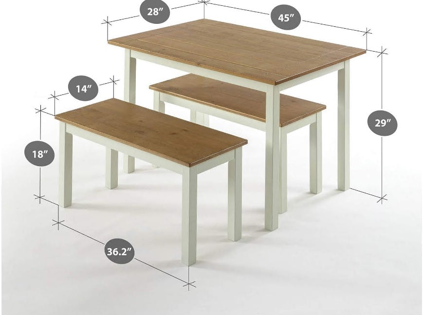 Zinus Becky Farmhouse Dining Table with Two Benches / 3 piece set