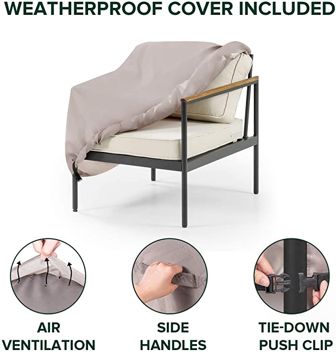 ZINUS Savannah Aluminum and Acacia Wood Outdoor Armchair with Cushions and Waterproof Cover / Weather Resistant and Rust Proof / Easy Assembly
